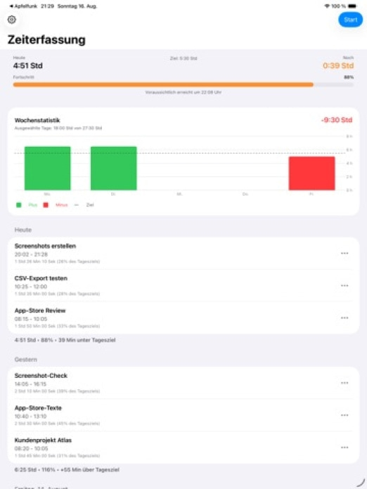 Flugs – Zeiterfassung Tablet-Screenshot