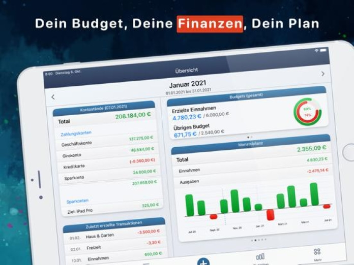 Haushaltsbuch MoneyStats Pro Tablet-Screenshot