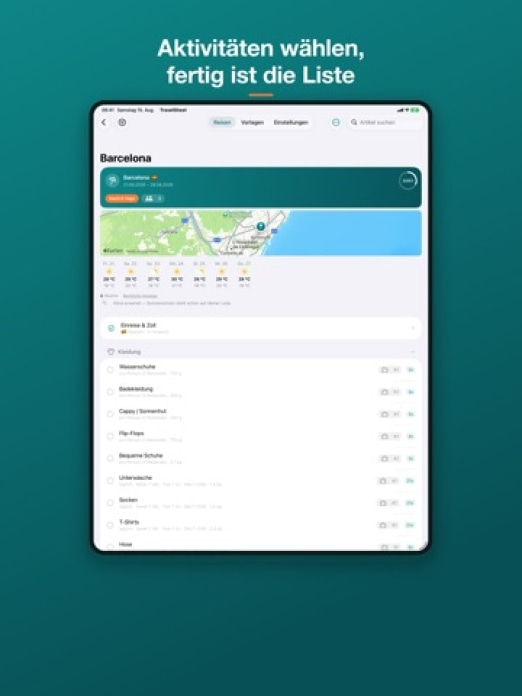 TravelSheet: Smarte Packliste Tablet-Screenshot
